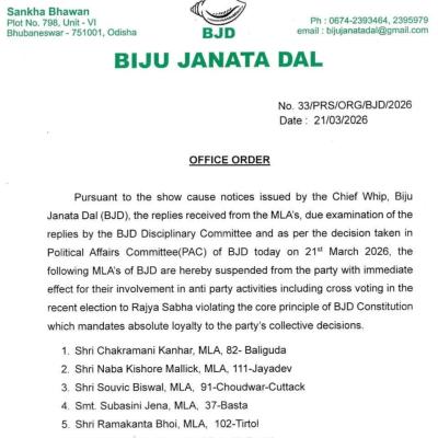Six MLAs of the Biju Janata Dal (BJD) have been suspended