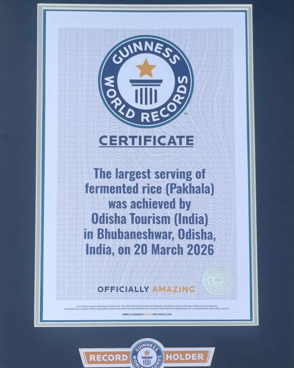 Guinness World Records for the Largest Serving of Pakhala to Odisha Tourism