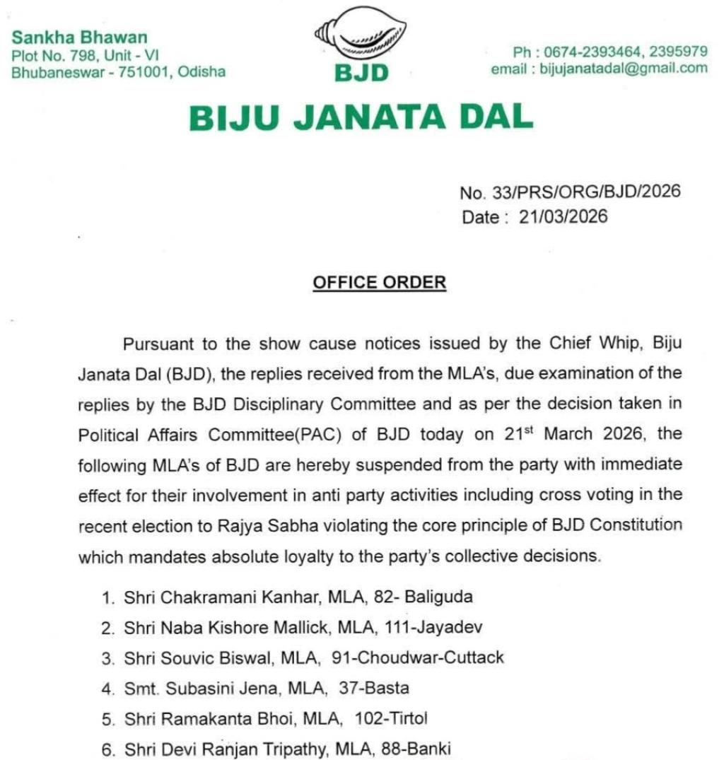 Six MLAs of the Biju Janata Dal (BJD) have been suspended